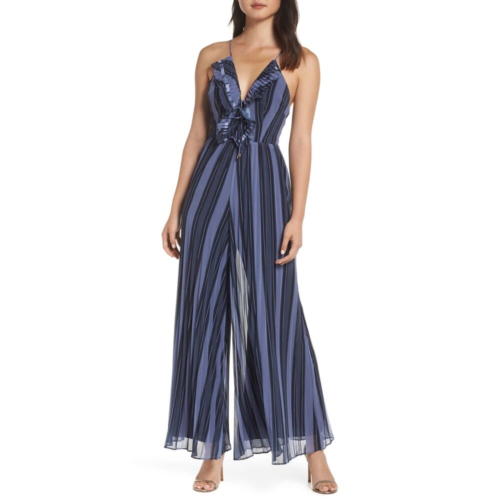 Keepsake Navy Stripe Ruffle Trim V-Neck Wide Leg Jumpsuit Size Small